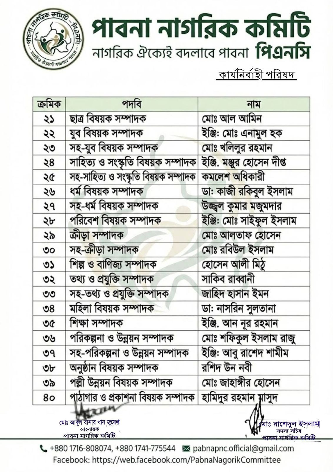 পাবনা নাগরিক কমিটি — পৃষ্ঠা ২: ক্রমিক ২১–৪০ (বিষয়ভিত্তিক সম্পাদকমণ্ডলী)