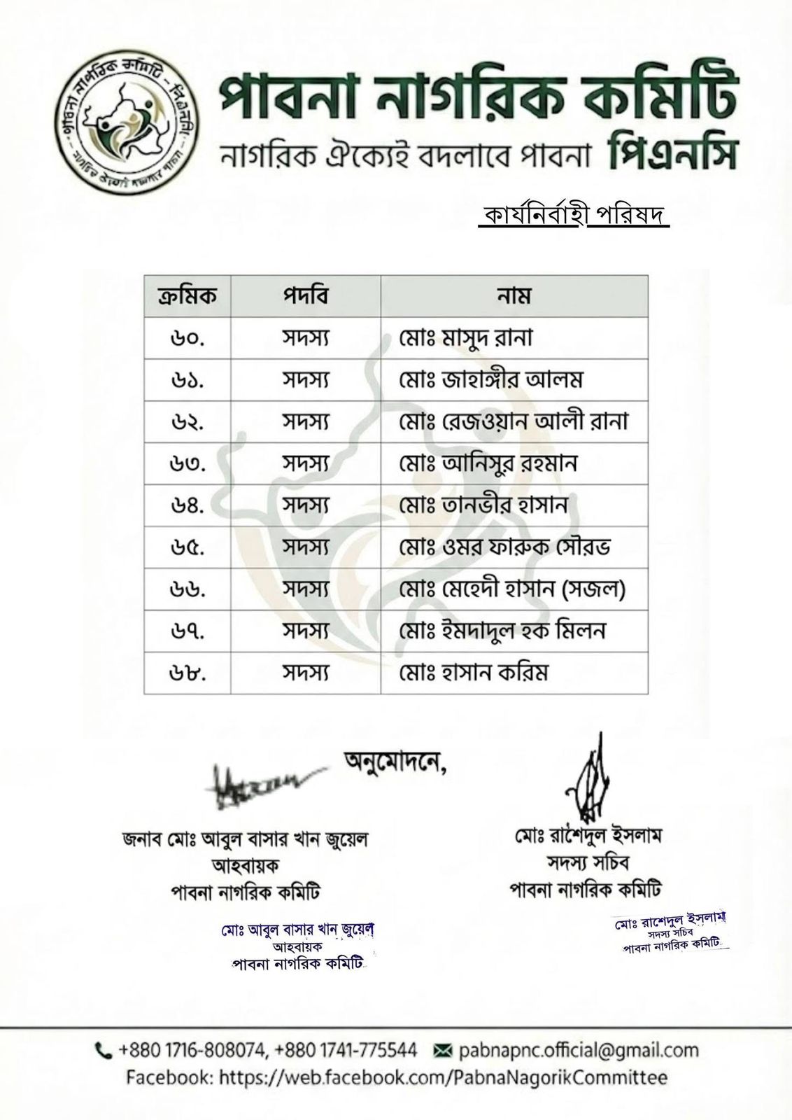 পাবনা নাগরিক কমিটি — পৃষ্ঠা ৪: ক্রমিক ৬০–৬৮ ও অনুমোদন স্বাক্ষর